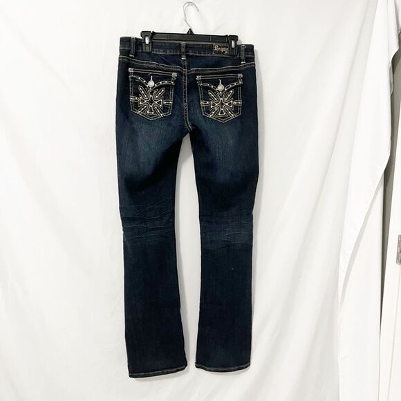 Request Jeans Dark Denim Flap Embellished Pockets Boot Cut Distressed Size 13/32 - Picture 3 of 6